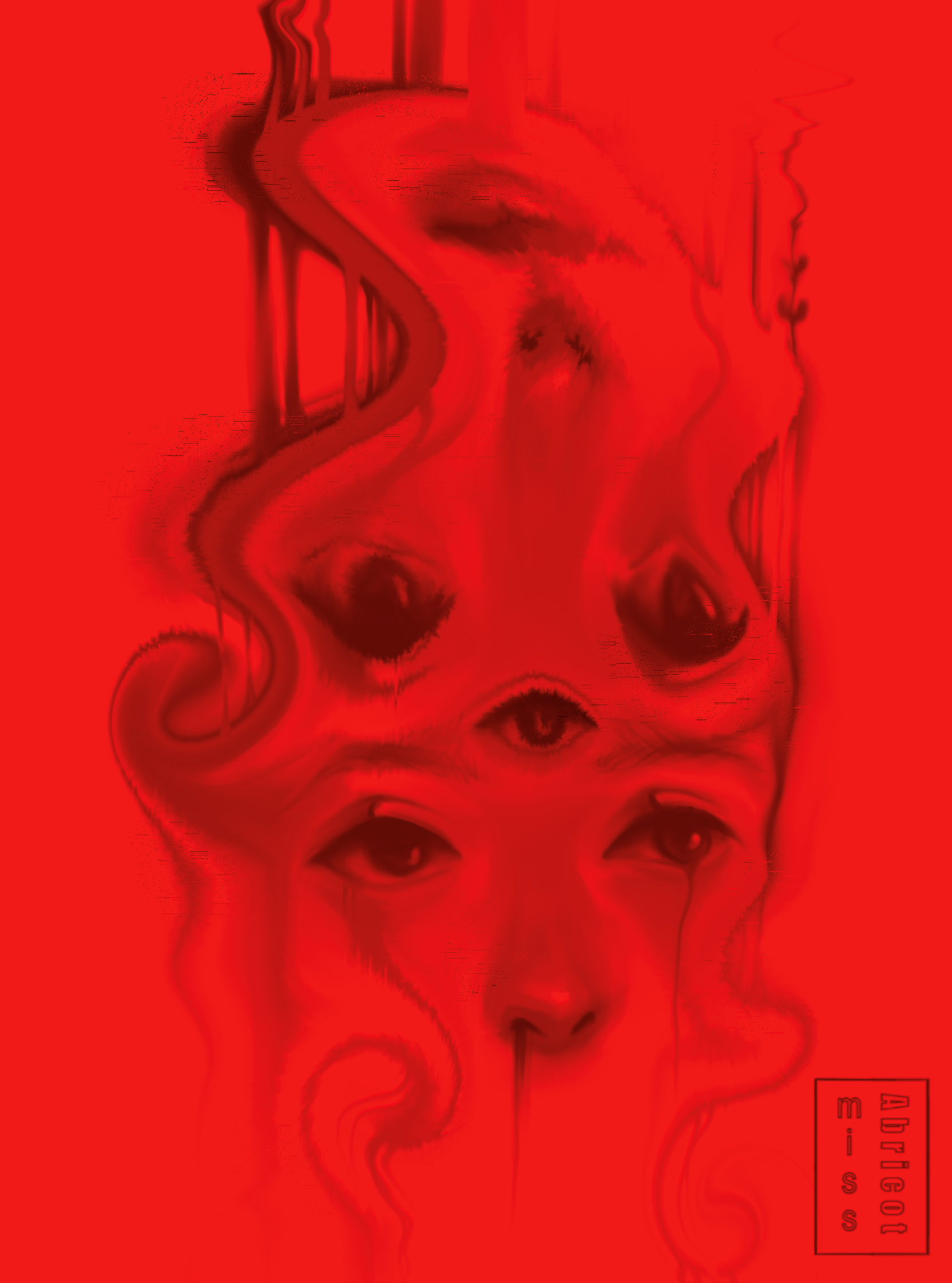 dessin d'une face sur fond rouge avec effet liquify en spirale