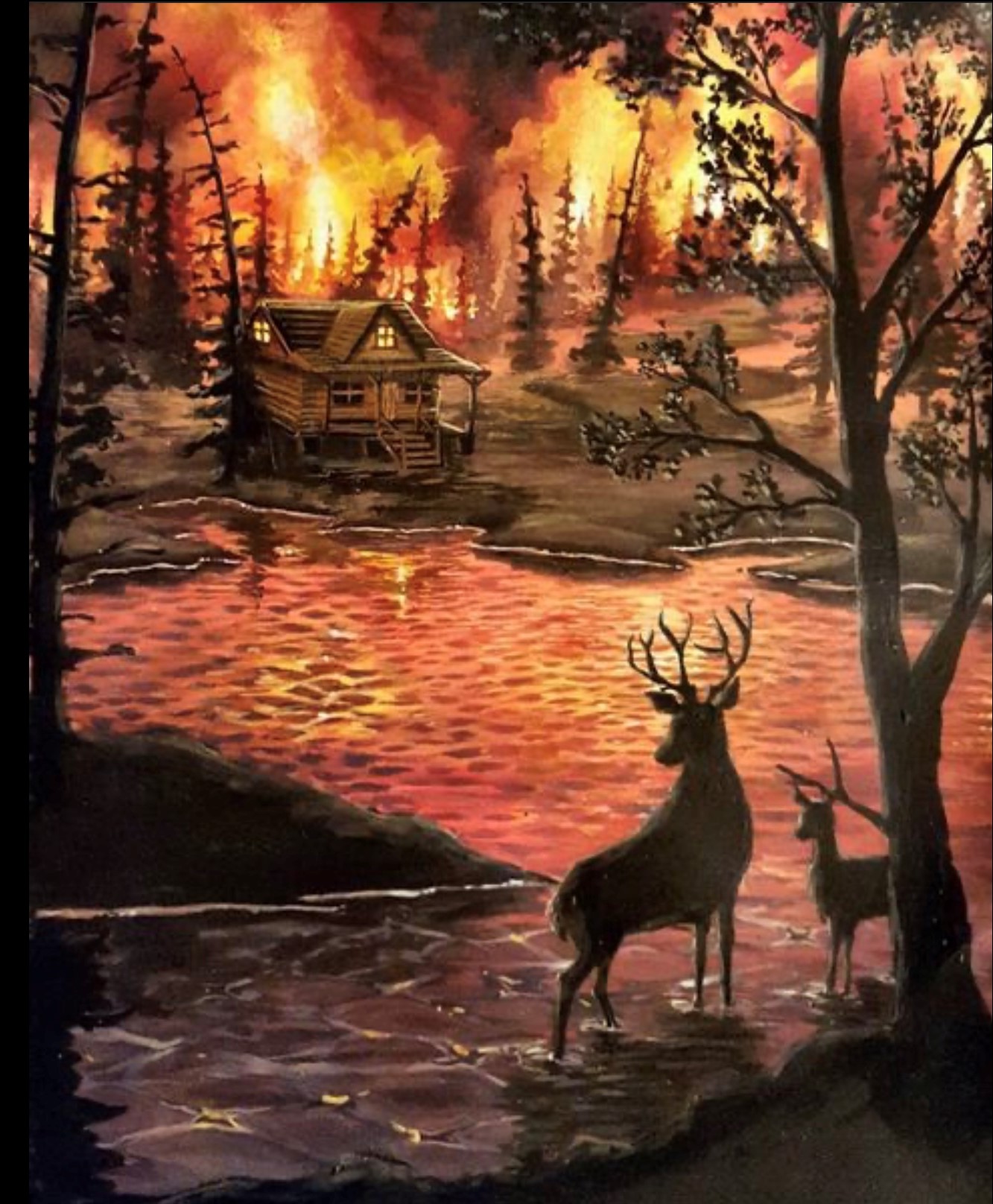 peinture d'un cerf et son enfant dans un feu de forêt
