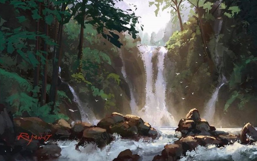 illustration d'un paysage avec une chute d'eau par Surendra Rajawat
