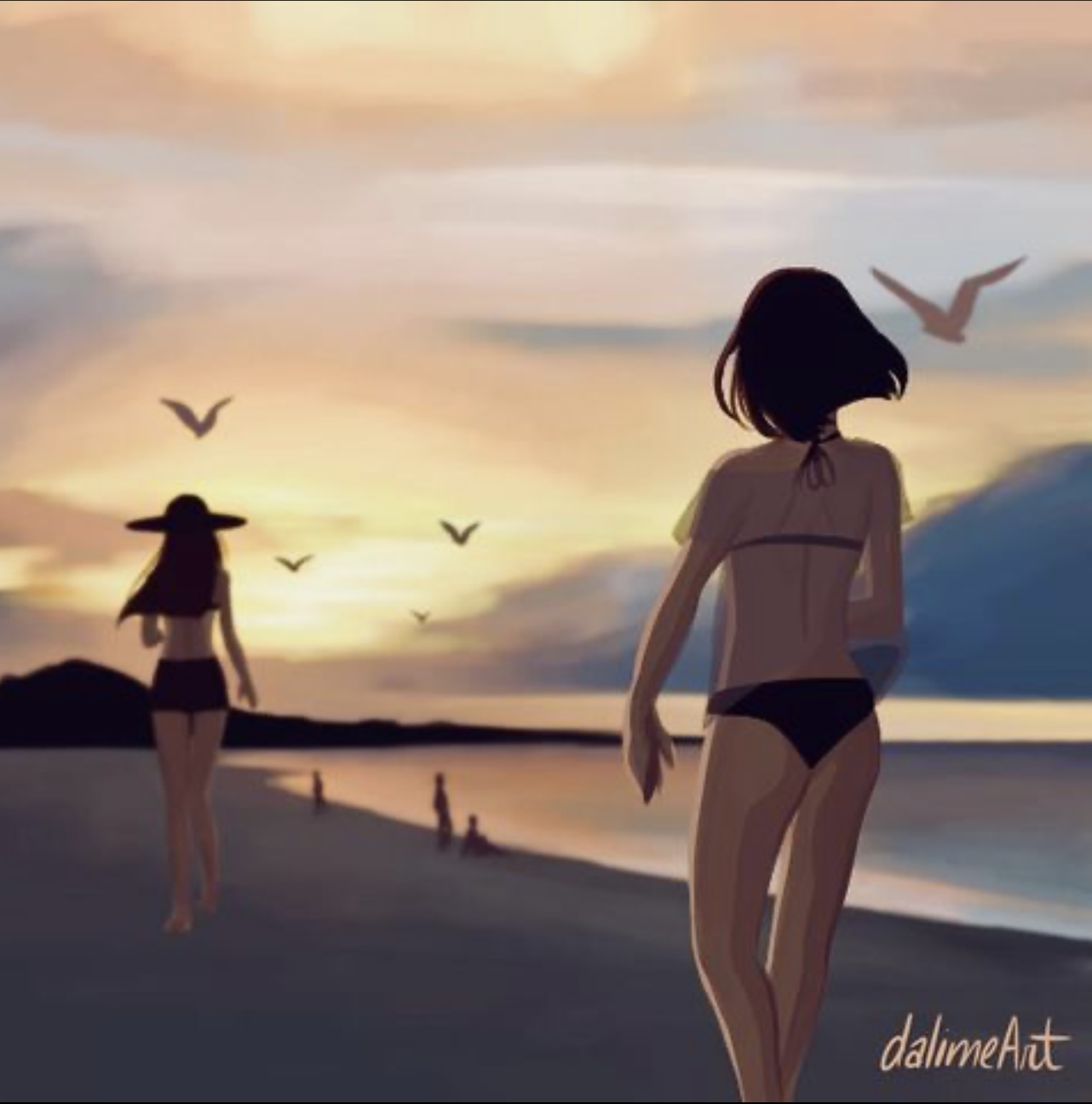 dessin d'une fille sur la plage au coucher du soleil