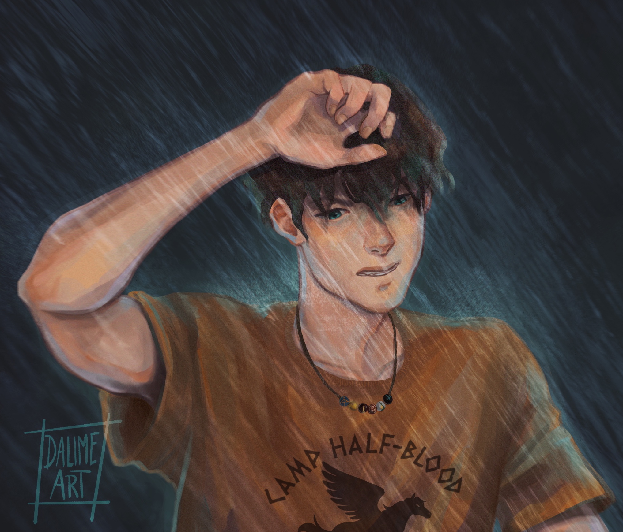 dessin de Percy Jackson sous la pluie